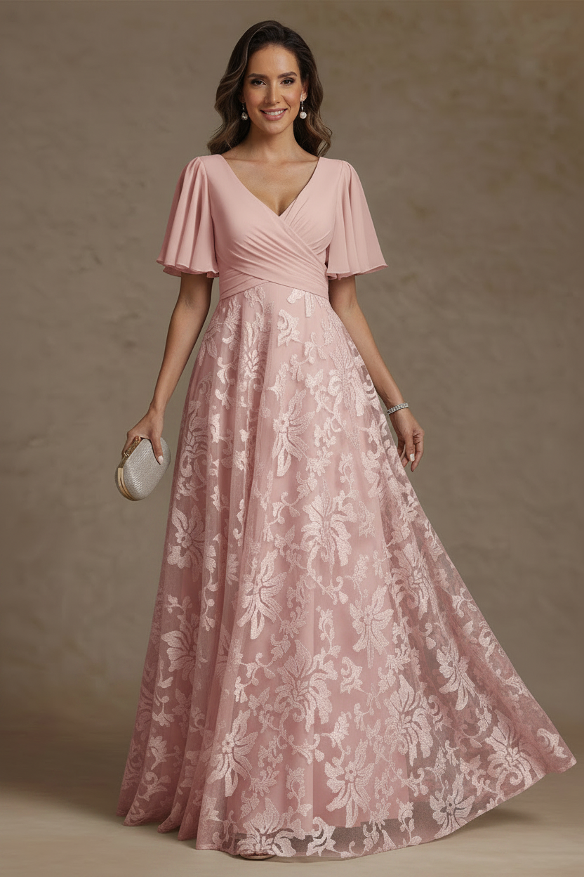 A-Line/Princess V-Neck Mother of the Bride Dresses Short Sleeves Chiffon Lace Floor-Length Floral Ruched