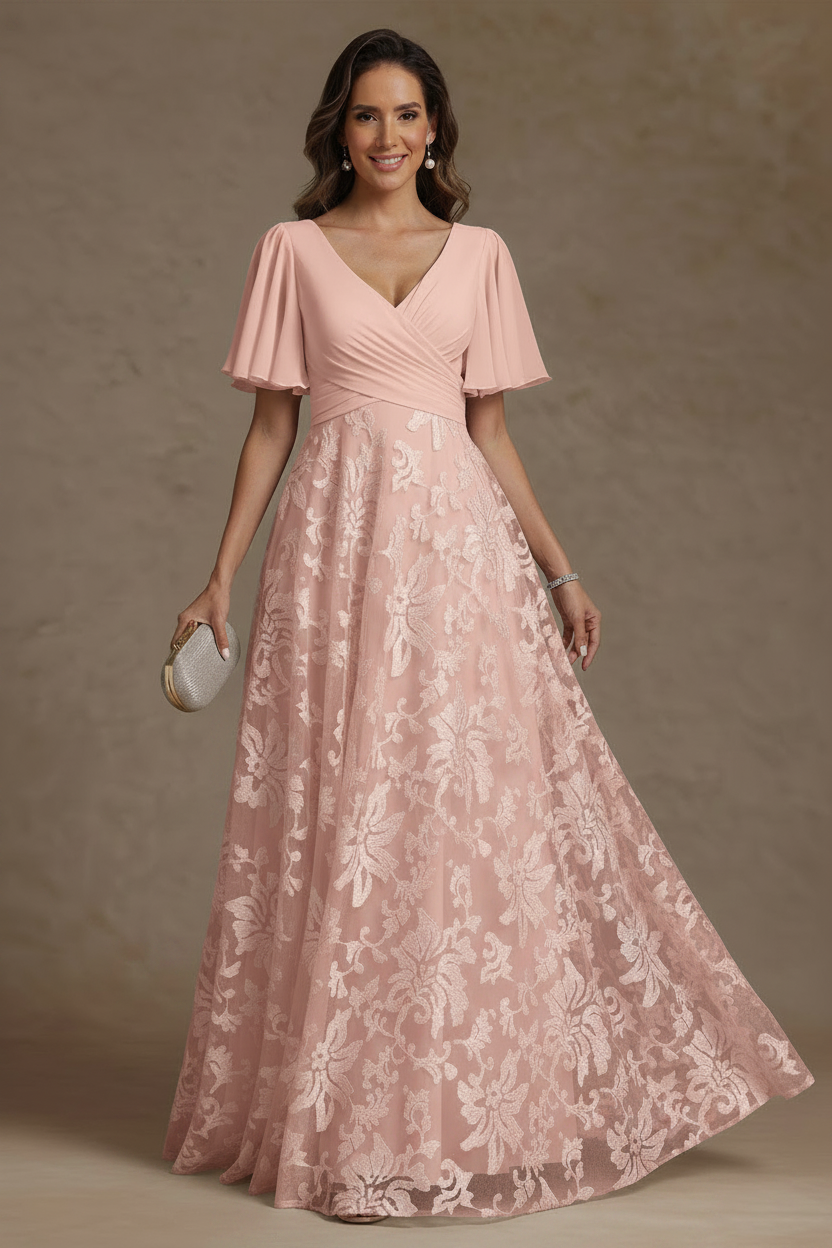 A-Line/Princess V-Neck Mother of the Bride Dresses Short Sleeves Chiffon Lace Floor-Length Floral Ruched