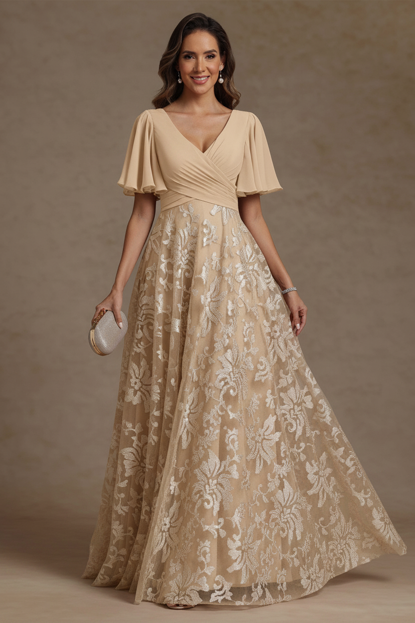 A-Line/Princess V-Neck Mother of the Bride Dresses Short Sleeves Chiffon Lace Floor-Length Floral Ruched