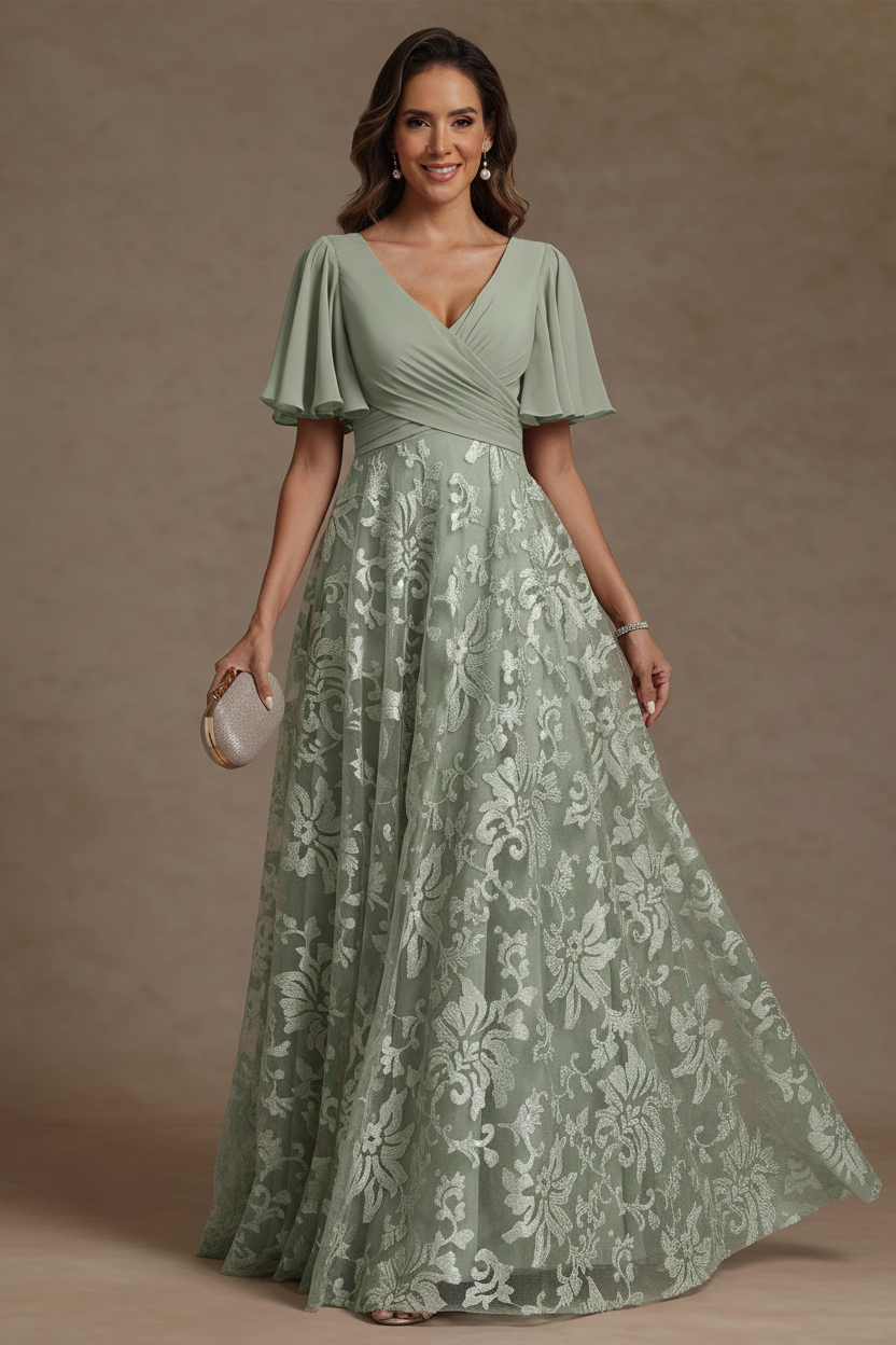 A-Line/Princess V-Neck Mother of the Bride Dresses Short Sleeves Chiffon Lace Floor-Length Floral Ruched