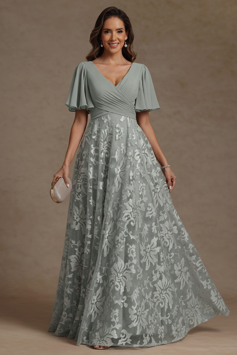 A-Line/Princess V-Neck Mother of the Bride Dresses Short Sleeves Chiffon Lace Floor-Length Floral Ruched