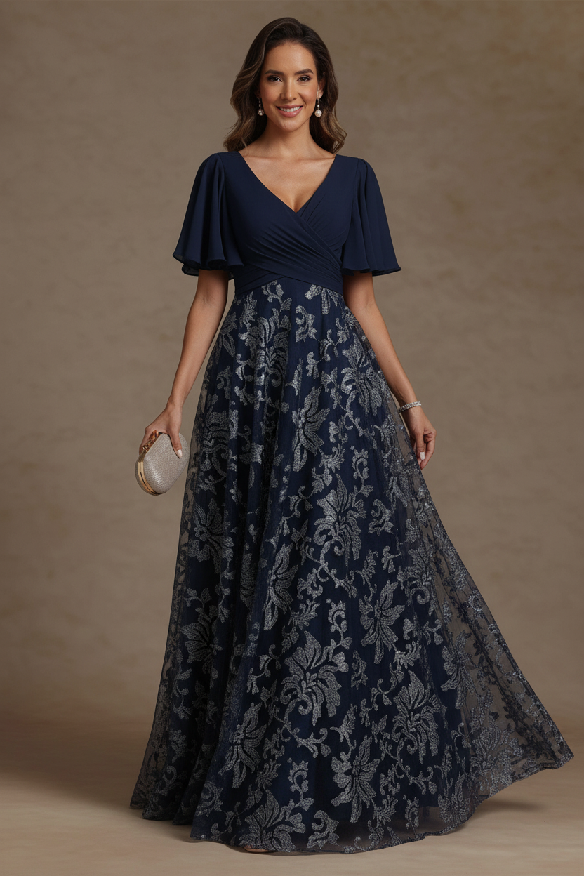 A-Line/Princess V-Neck Mother of the Bride Dresses Short Sleeves Chiffon Lace Floor-Length Floral Ruched