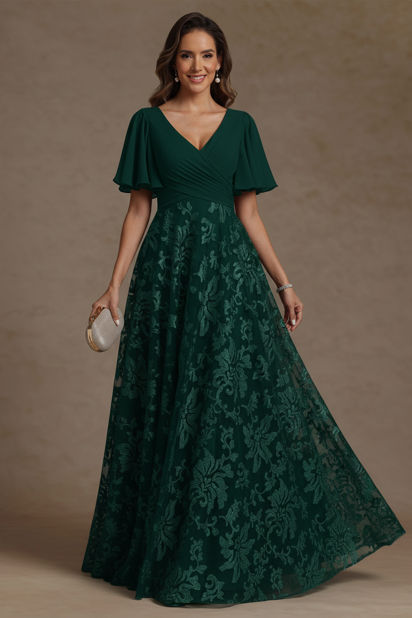 A-Line/Princess V-Neck Mother of the Bride Dresses Short Sleeves Chiffon Lace Floor-Length Floral Ruched