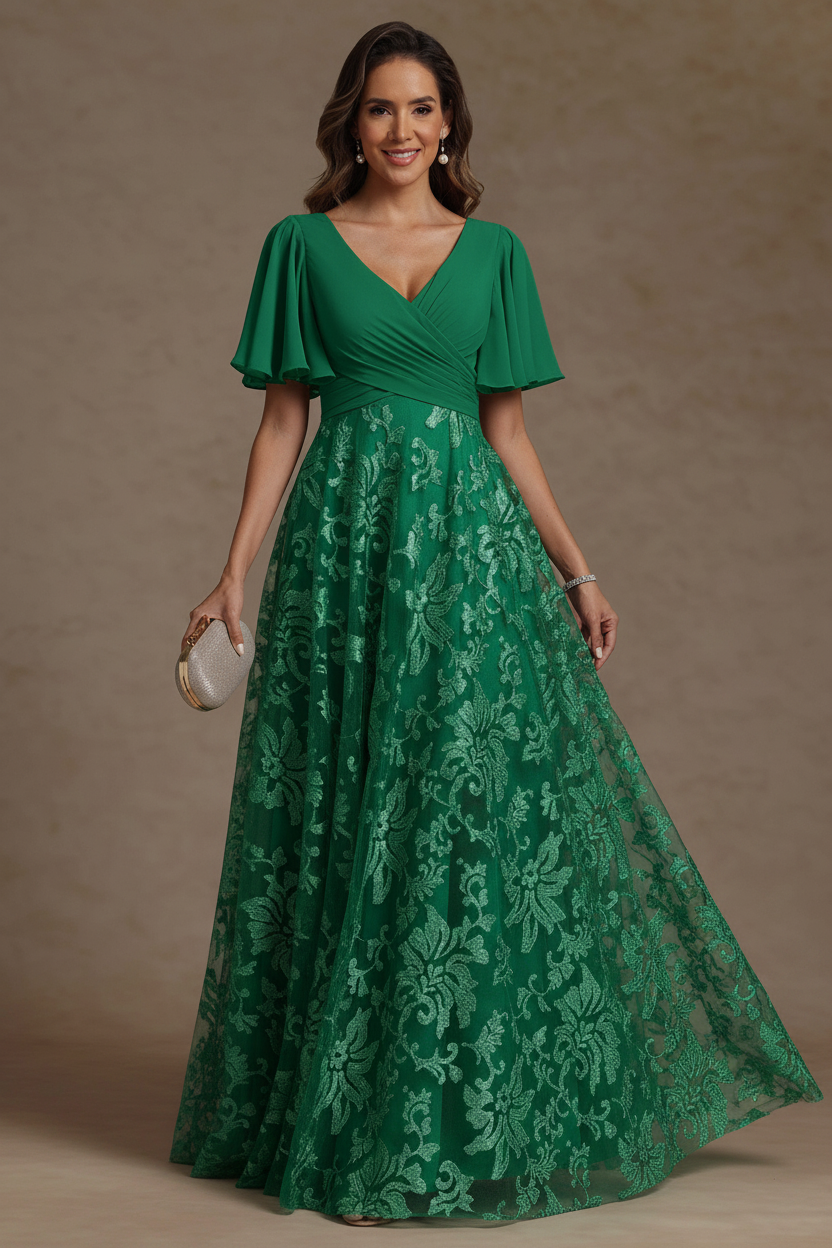 A-Line/Princess V-Neck Mother of the Bride Dresses Short Sleeves Chiffon Lace Floor-Length Floral Ruched