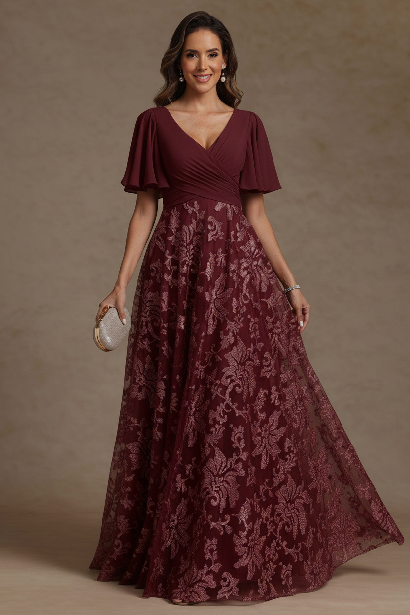 A-Line/Princess V-Neck Mother of the Bride Dresses Short Sleeves Chiffon Lace Floor-Length Floral Ruched