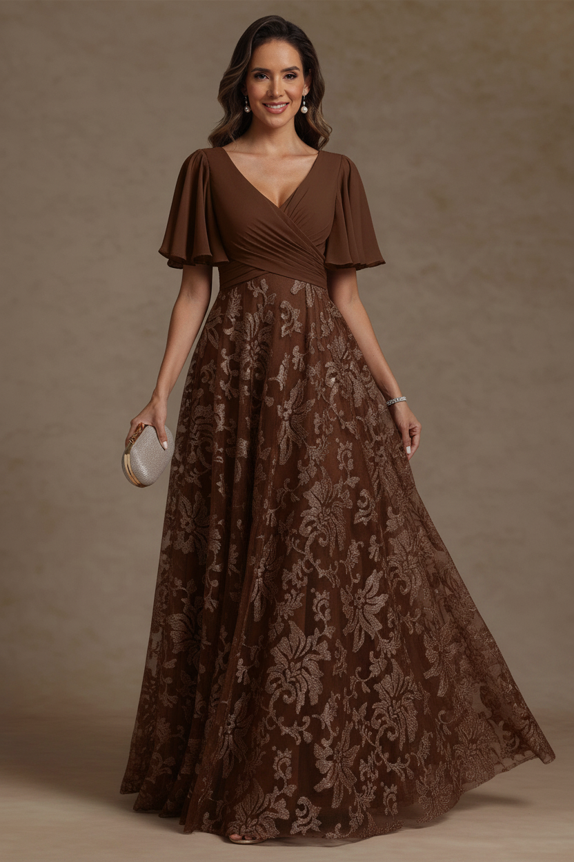 A-Line/Princess V-Neck Mother of the Bride Dresses Short Sleeves Chiffon Lace Floor-Length Floral Ruched