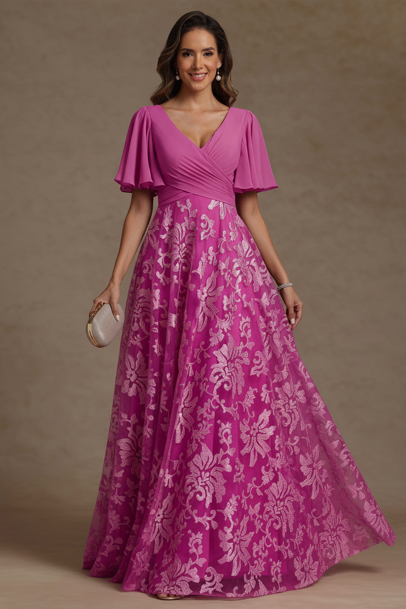 A-Line/Princess V-Neck Mother of the Bride Dresses Short Sleeves Chiffon Lace Floor-Length Floral Ruched