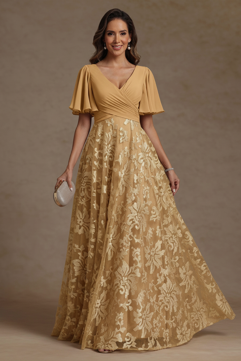 A-Line/Princess V-Neck Mother of the Bride Dresses Short Sleeves Chiffon Lace Floor-Length Floral Ruched