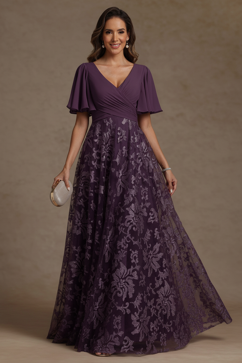 A-Line/Princess V-Neck Mother of the Bride Dresses Short Sleeves Chiffon Lace Floor-Length Floral Ruched
