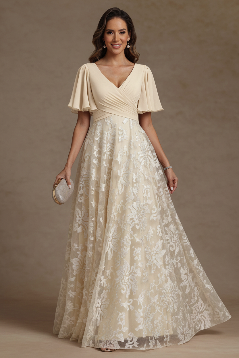 A-Line/Princess V-Neck Mother of the Bride Dresses Short Sleeves Chiffon Lace Floor-Length Floral Ruched