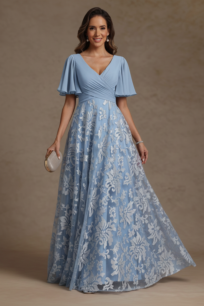 A-Line/Princess V-Neck Mother of the Bride Dresses Short Sleeves Chiffon Lace Floor-Length Floral Ruched