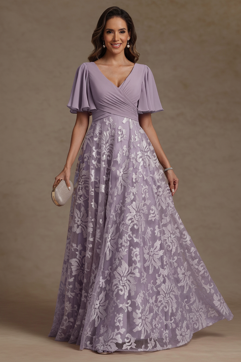 A-Line/Princess V-Neck Mother of the Bride Dresses Short Sleeves Chiffon Lace Floor-Length Floral Ruched