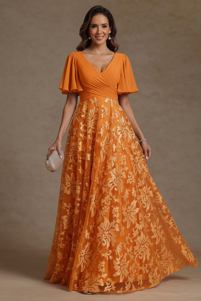A-Line/Princess V-Neck Mother of the Bride Dresses Short Sleeves Chiffon Lace Floor-Length Floral Ruched
