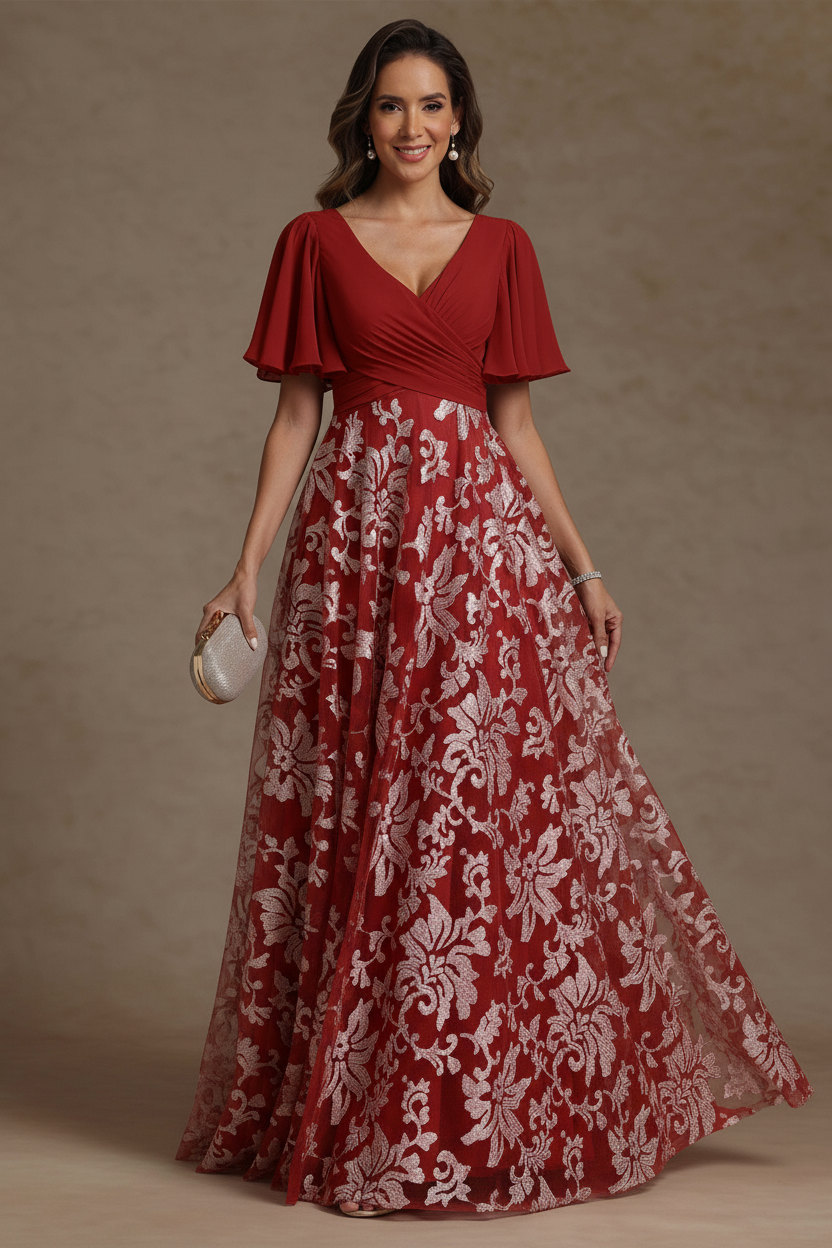 A-Line/Princess V-Neck Mother of the Bride Dresses Short Sleeves Chiffon Lace Floor-Length Floral Ruched