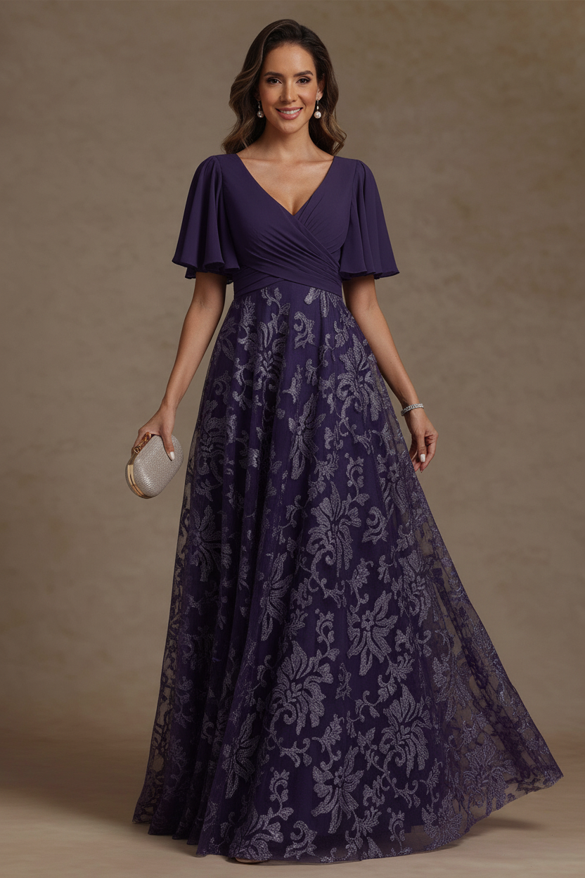 A-Line/Princess V-Neck Mother of the Bride Dresses Short Sleeves Chiffon Lace Floor-Length Floral Ruched