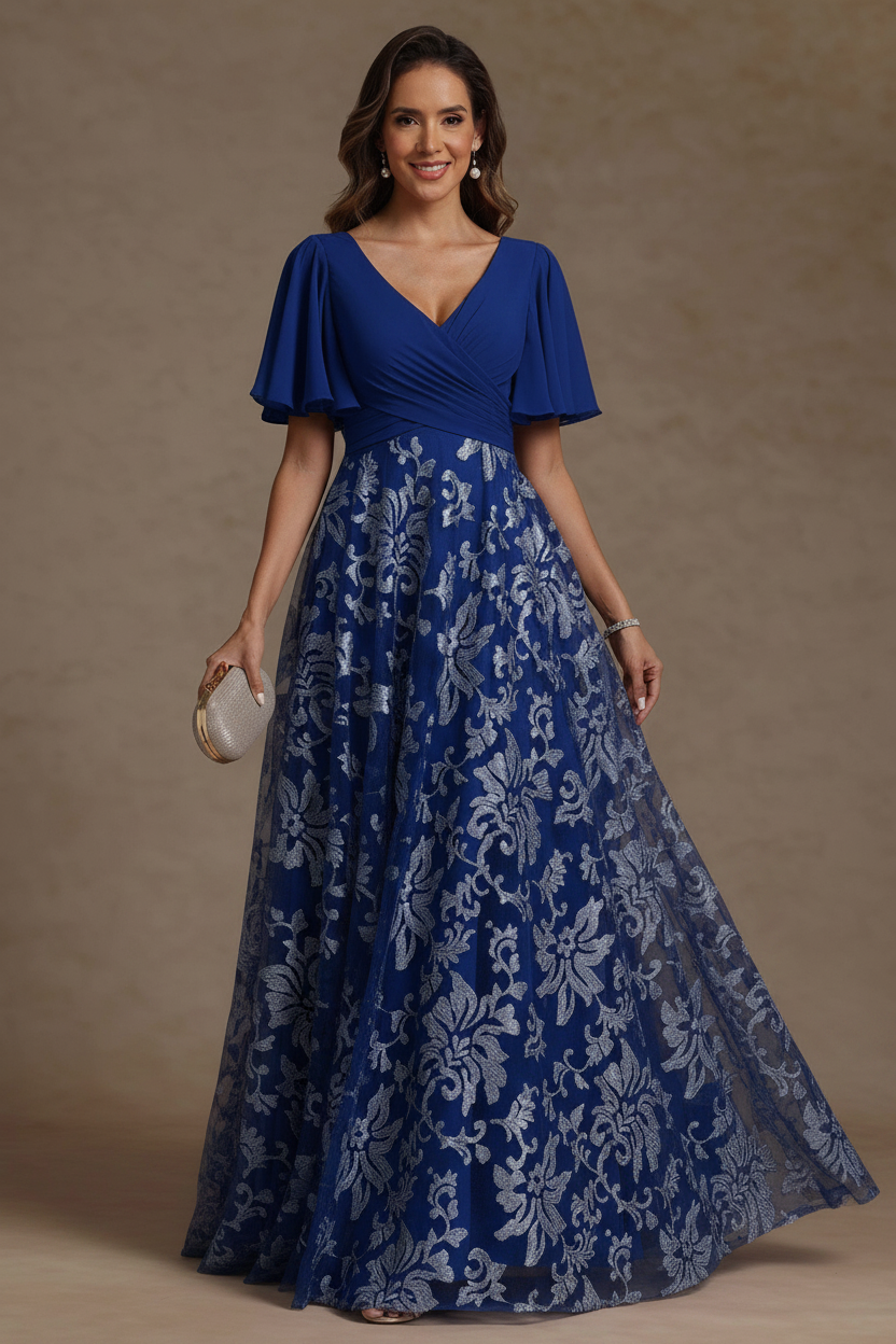 A-Line/Princess V-Neck Mother of the Bride Dresses Short Sleeves Chiffon Lace Floor-Length Floral Ruched
