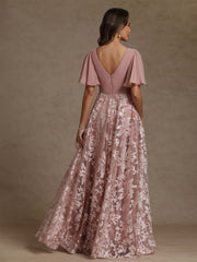 A-Line/Princess V-Neck Mother of the Bride Dresses Short Sleeves Chiffon Lace Floor-Length Floral Ruched
