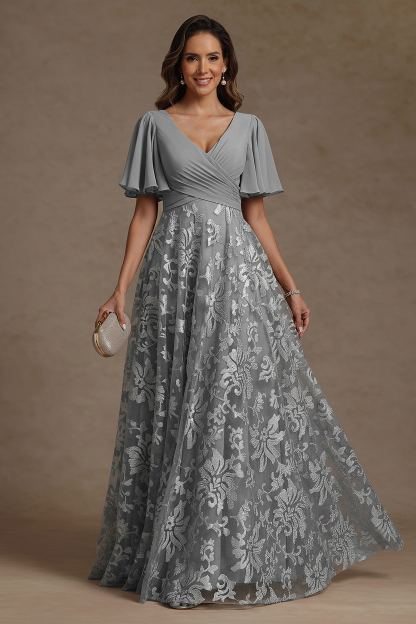 A-Line/Princess V-Neck Mother of the Bride Dresses Short Sleeves Chiffon Lace Floor-Length Floral Ruched