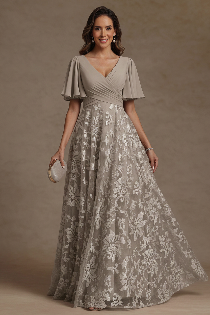 A-Line/Princess V-Neck Mother of the Bride Dresses Short Sleeves Chiffon Lace Floor-Length Floral Ruched
