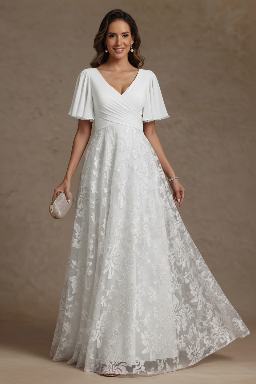 A-Line/Princess V-Neck Mother of the Bride Dresses Short Sleeves Chiffon Lace Floor-Length Floral Ruched