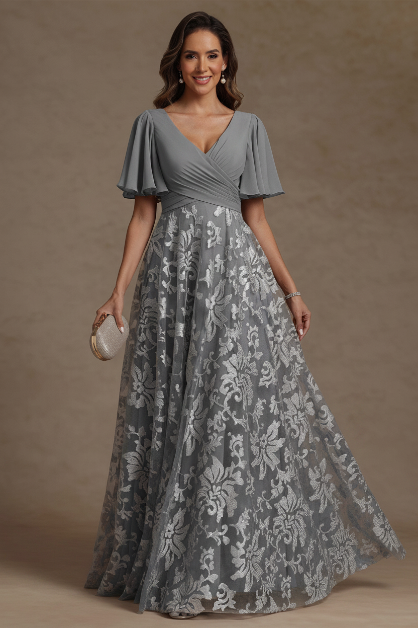 A-Line/Princess V-Neck Mother of the Bride Dresses Short Sleeves Chiffon Lace Floor-Length Floral Ruched