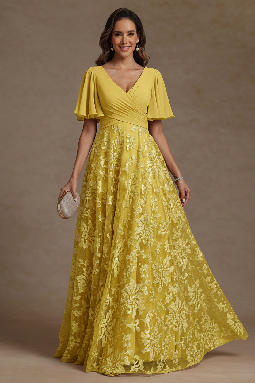 A-Line/Princess V-Neck Mother of the Bride Dresses Short Sleeves Chiffon Lace Floor-Length Floral Ruched