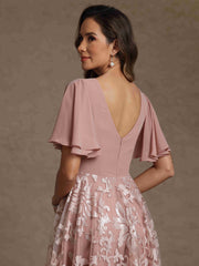 A-Line/Princess V-Neck Mother of the Bride Dresses Short Sleeves Chiffon Lace Floor-Length Floral Ruched