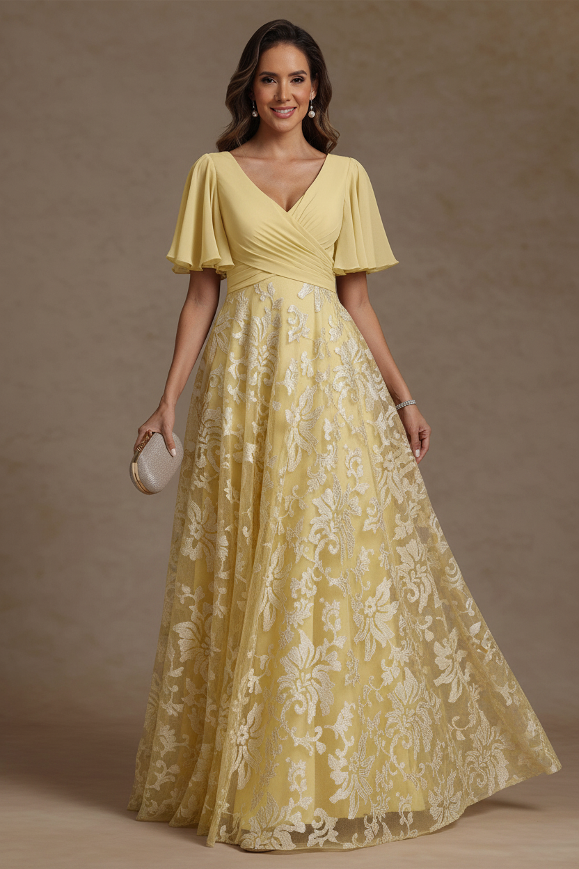 A-Line/Princess V-Neck Mother of the Bride Dresses Short Sleeves Chiffon Lace Floor-Length Floral Ruched