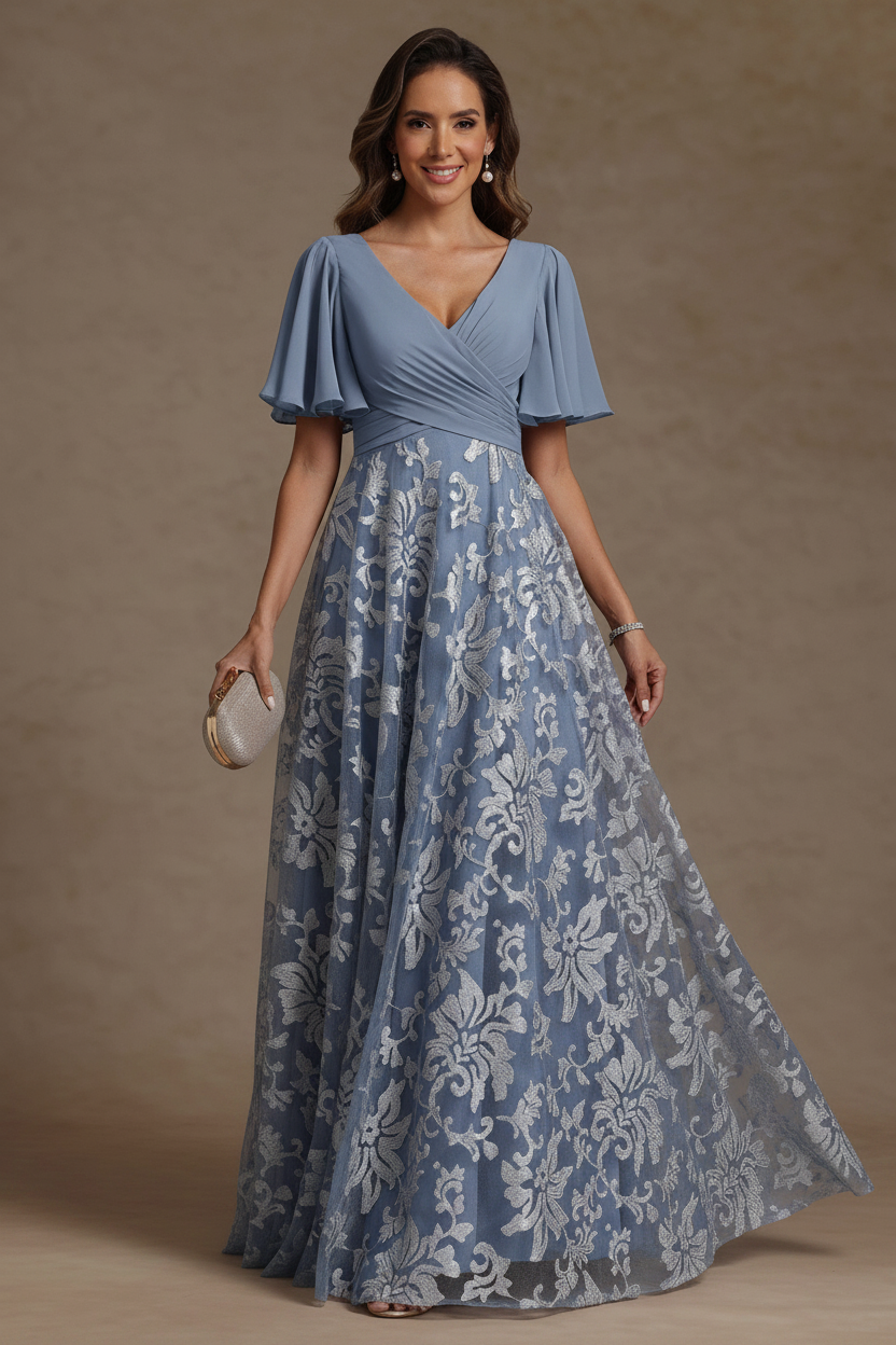 A-Line/Princess V-Neck Mother of the Bride Dresses Short Sleeves Chiffon Lace Floor-Length Floral Ruched