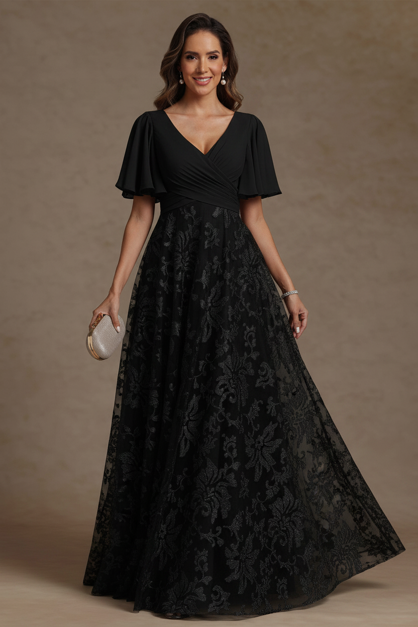 A-Line/Princess V-Neck Mother of the Bride Dresses Short Sleeves Chiffon Lace Floor-Length Floral Ruched