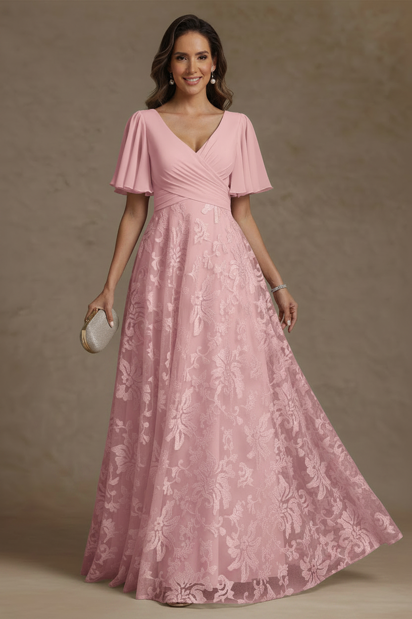A-Line/Princess V-Neck Mother of the Bride Dresses Short Sleeves Chiffon Lace Floor-Length Floral Ruched