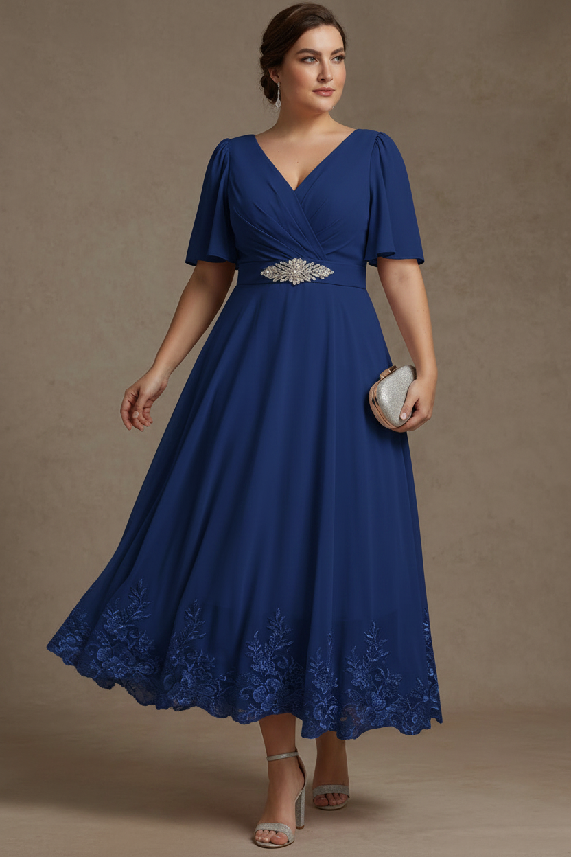 A-Line/Princess V Neck Plus Size Mother of the Bride Dresses Short Sleeves Chiffon Lace Tea Length with Sash