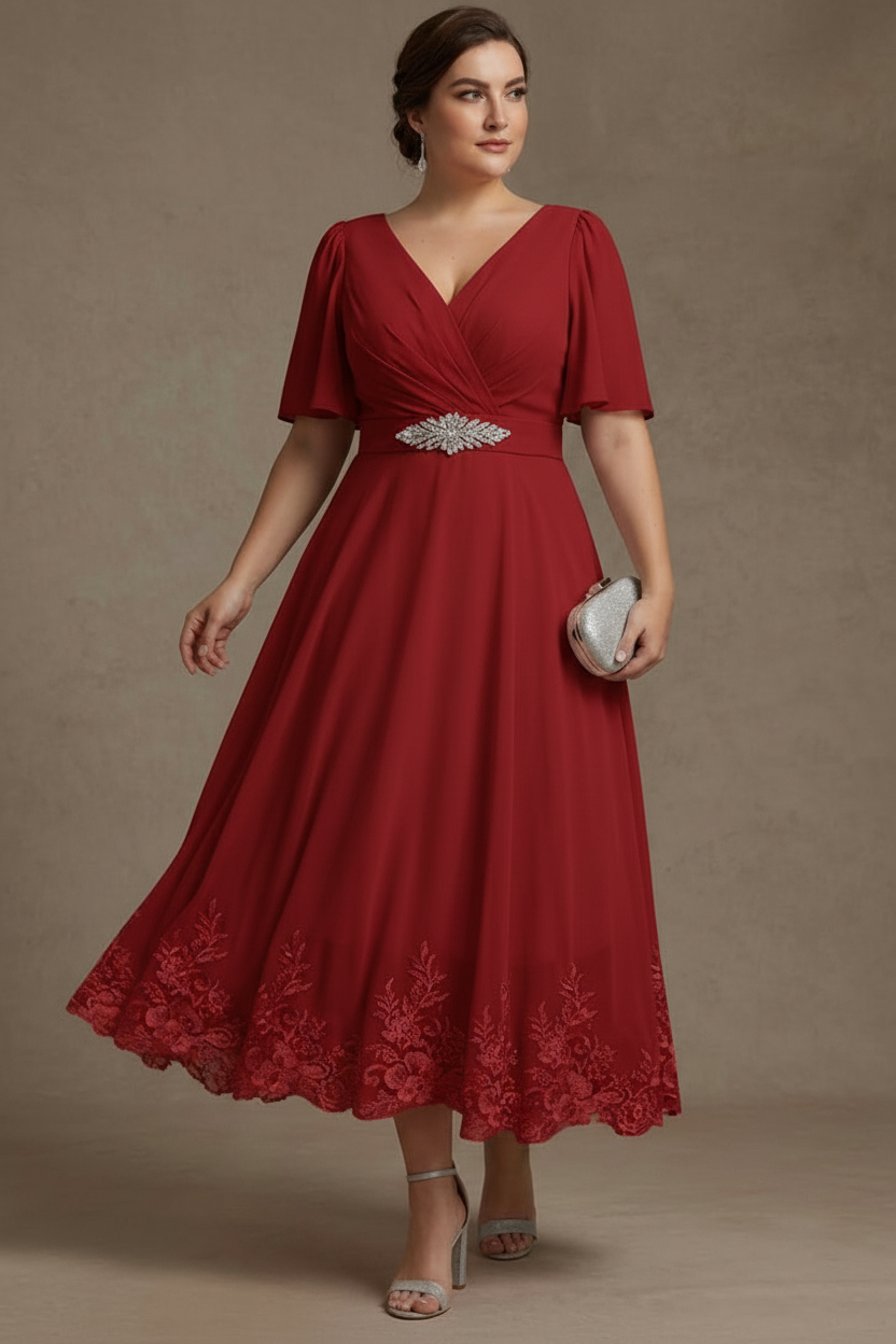 A-Line/Princess V Neck Plus Size Mother of the Bride Dresses Short Sleeves Chiffon Lace Tea Length with Sash