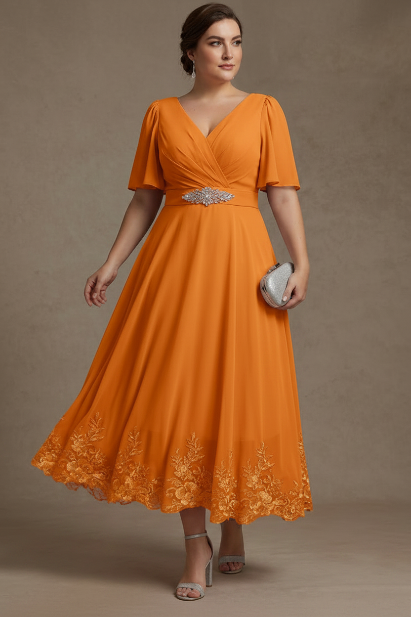 A-Line/Princess V Neck Plus Size Mother of the Bride Dresses Short Sleeves Chiffon Lace Tea Length with Sash