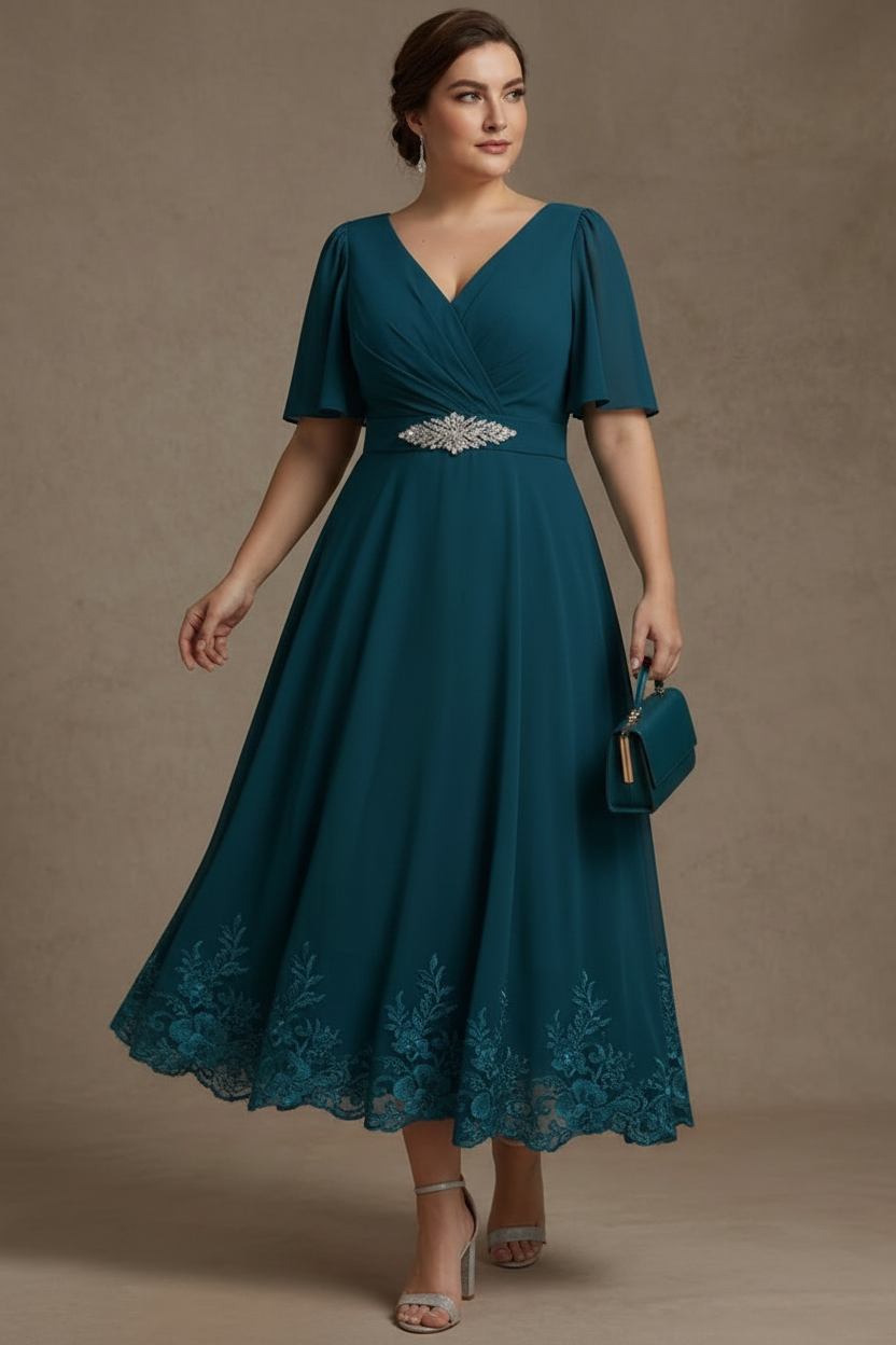 A-Line/Princess V Neck Plus Size Mother of the Bride Dresses Short Sleeves Chiffon Lace Tea Length with Sash