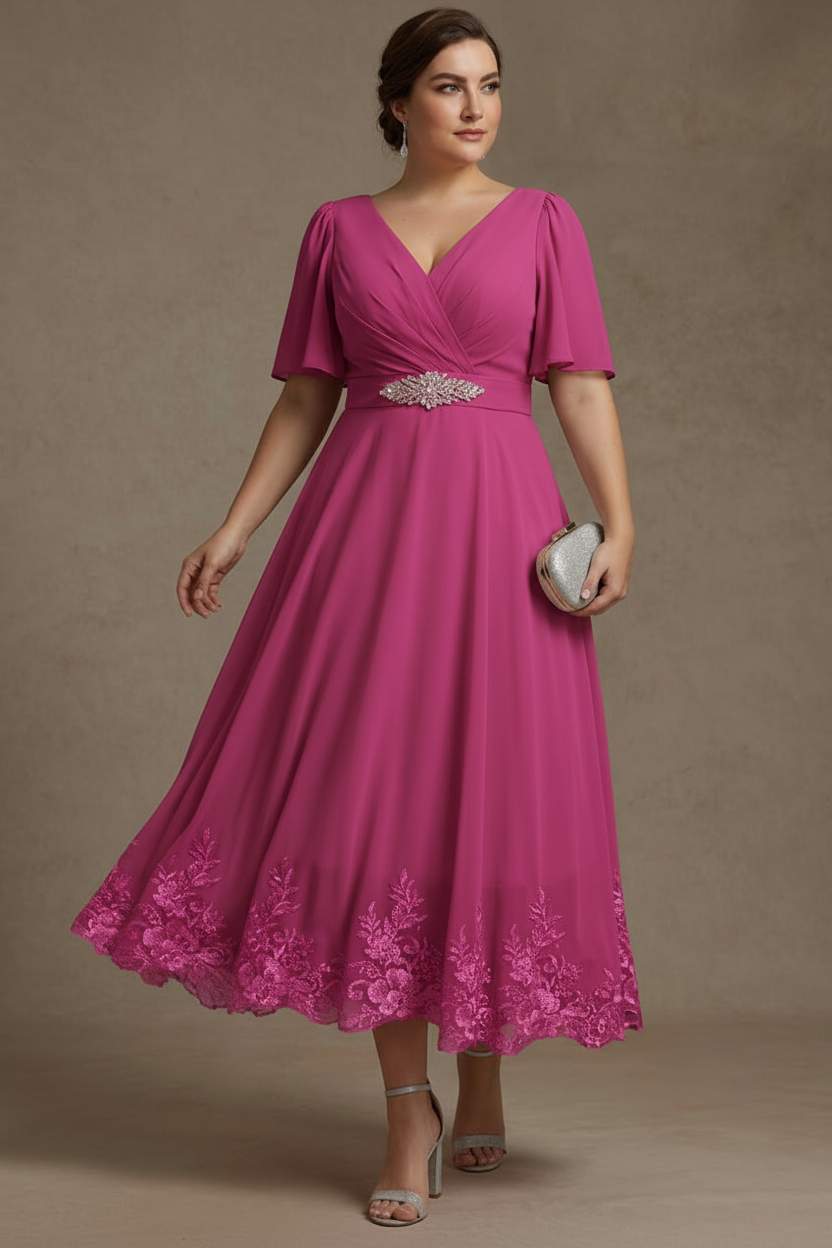 A-Line/Princess V Neck Plus Size Mother of the Bride Dresses Short Sleeves Chiffon Lace Tea Length with Sash
