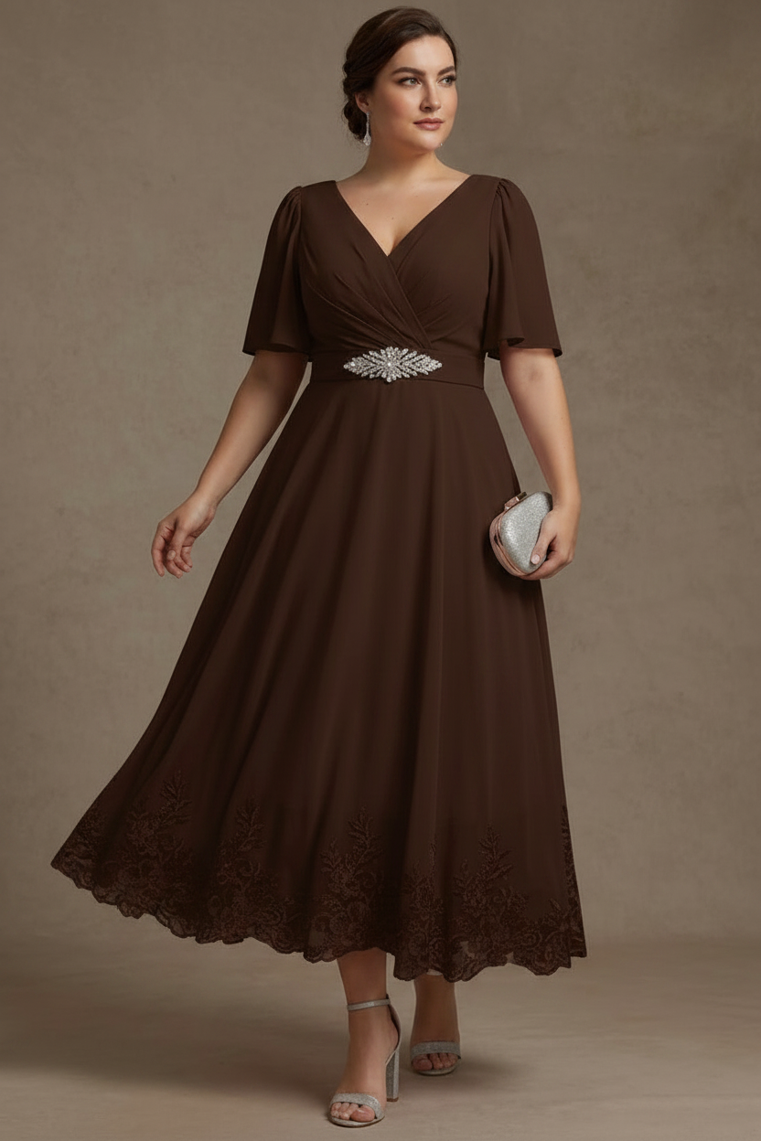 A-Line/Princess V Neck Plus Size Mother of the Bride Dresses Short Sleeves Chiffon Lace Tea Length with Sash