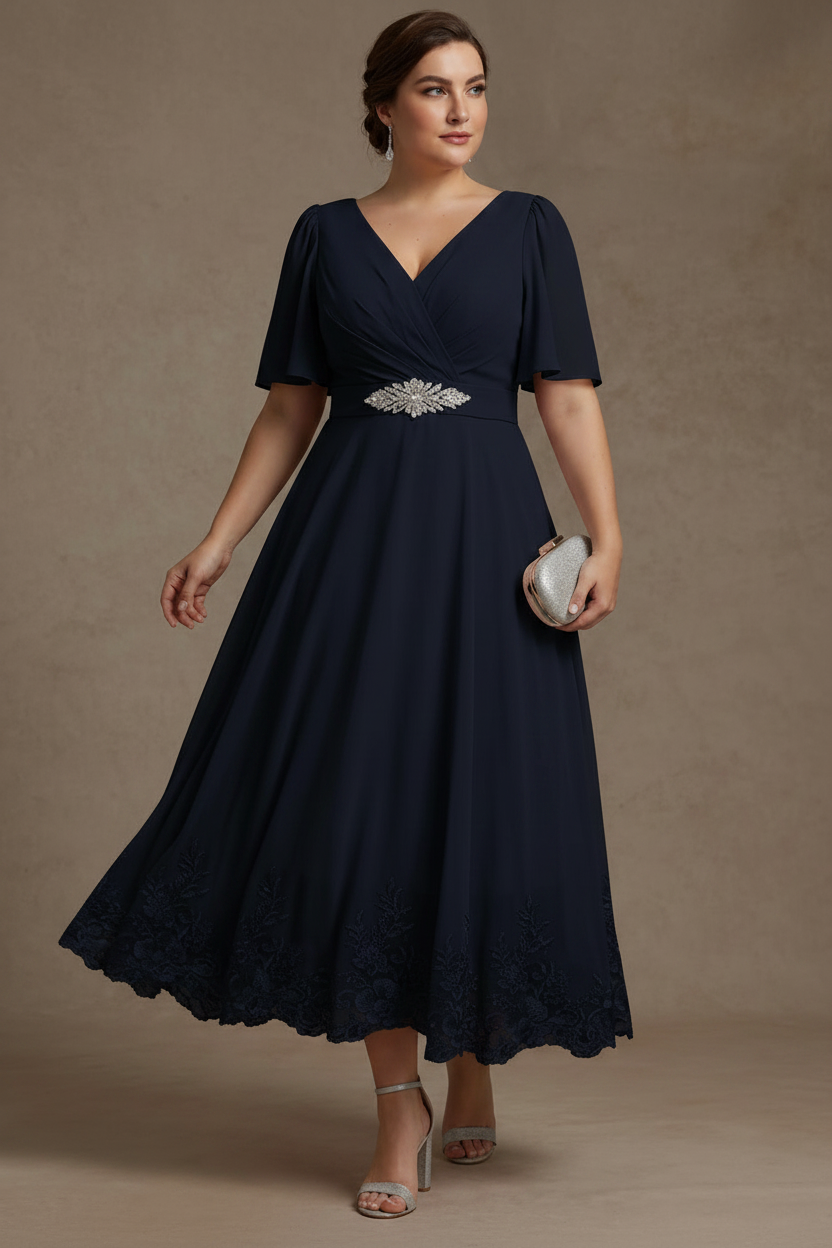 A-Line/Princess V Neck Plus Size Mother of the Bride Dresses Short Sleeves Chiffon Lace Tea Length with Sash