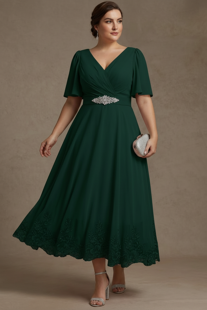 A-Line/Princess V Neck Plus Size Mother of the Bride Dresses Short Sleeves Chiffon Lace Tea Length with Sash
