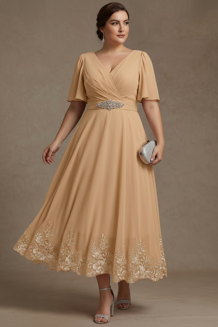 A-Line/Princess V Neck Plus Size Mother of the Bride Dresses Short Sleeves Chiffon Lace Tea Length with Sash
