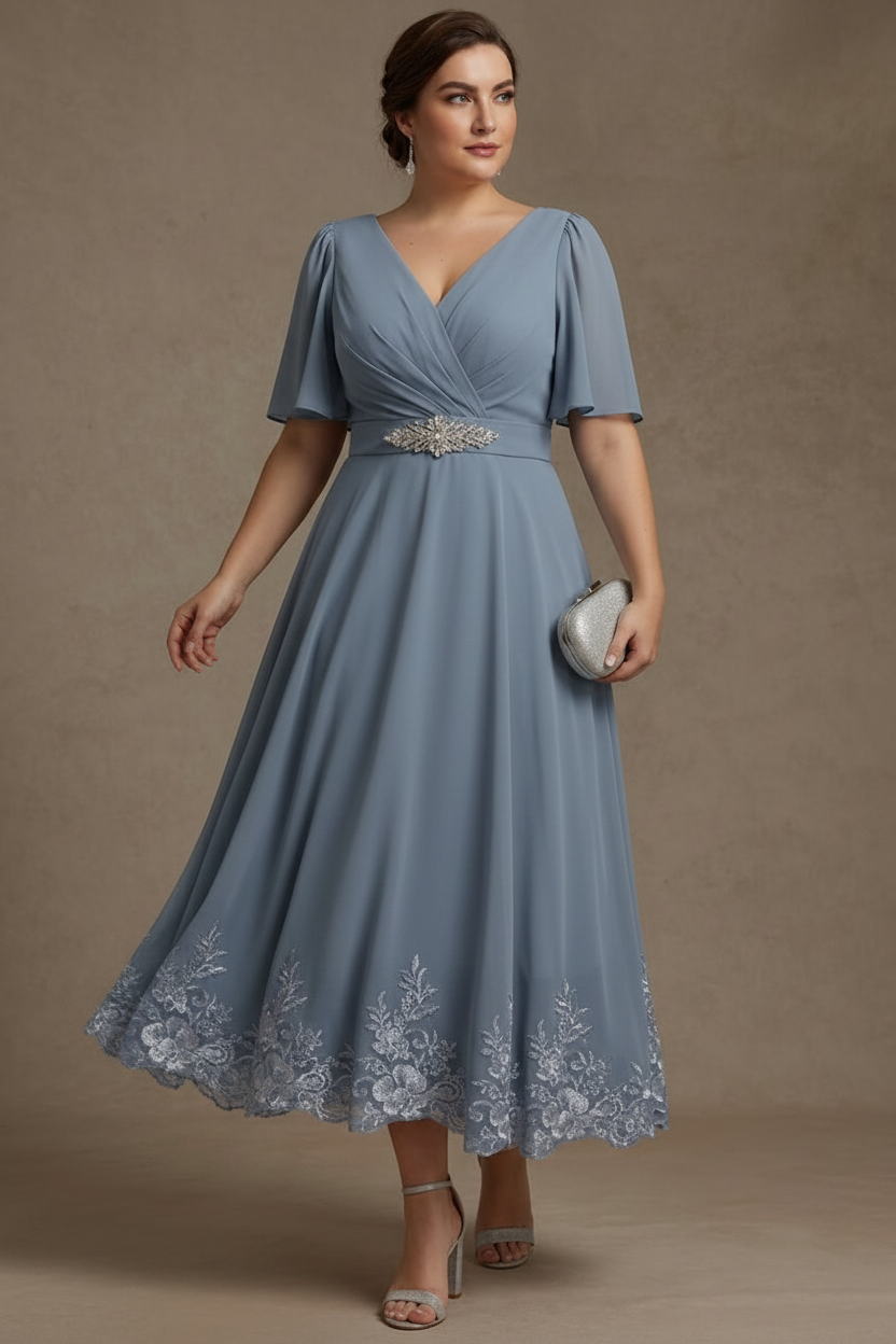 A-Line/Princess V Neck Plus Size Mother of the Bride Dresses Short Sleeves Chiffon Lace Tea Length with Sash