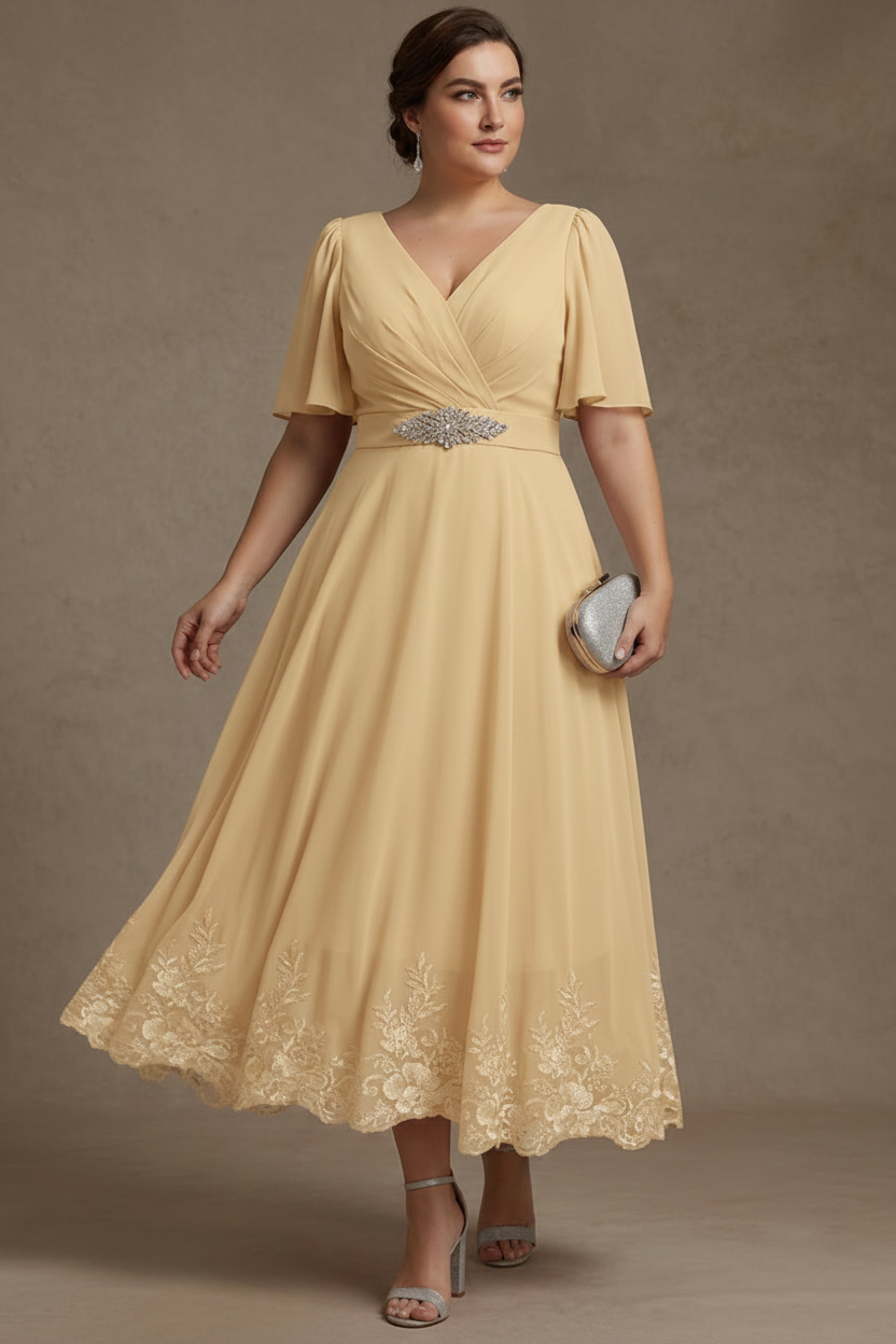 A-Line/Princess V Neck Plus Size Mother of the Bride Dresses Short Sleeves Chiffon Lace Tea Length with Sash