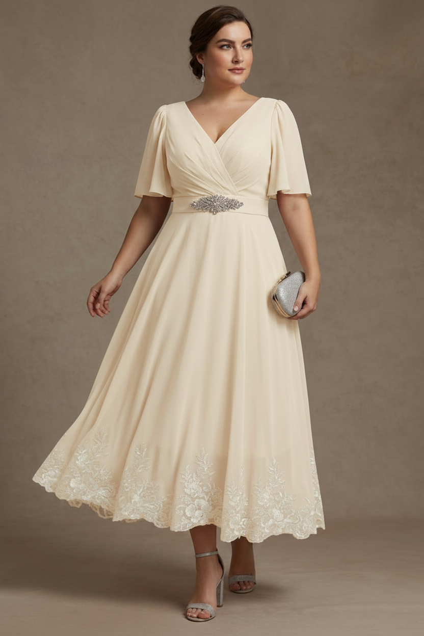 A-Line/Princess V Neck Plus Size Mother of the Bride Dresses Short Sleeves Chiffon Lace Tea Length with Sash