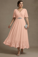 A-Line/Princess V Neck Plus Size Mother of the Bride Dresses Short Sleeves Chiffon Lace Tea Length with Sash