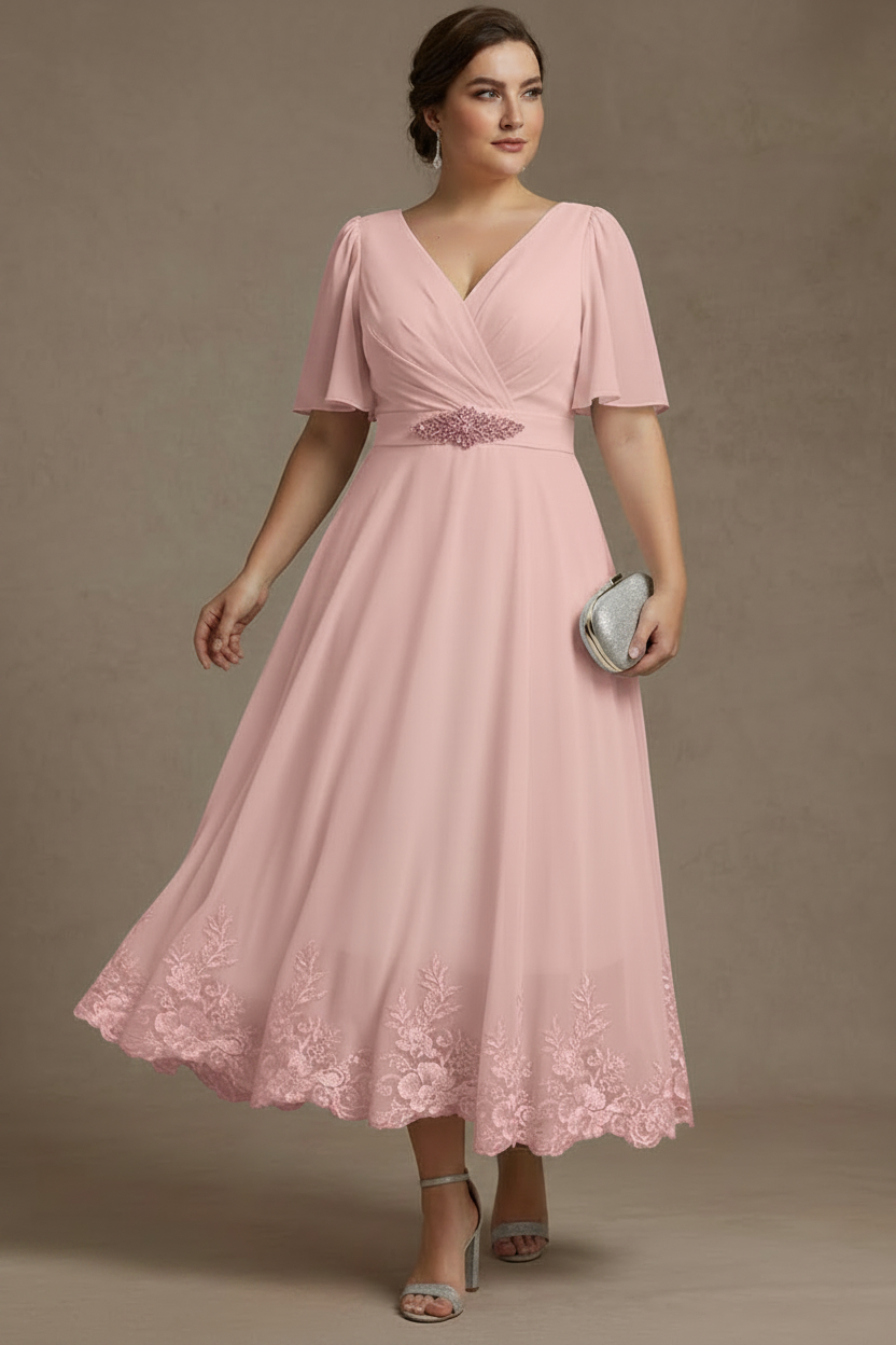 A-Line/Princess V Neck Plus Size Mother of the Bride Dresses Short Sleeves Chiffon Lace Tea Length with Sash