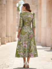 A-Line/Princess V-Neck Printed Satin Mother of the Bride Dresses with Bowknot 3/4 Sleeves Floral Tea-Length