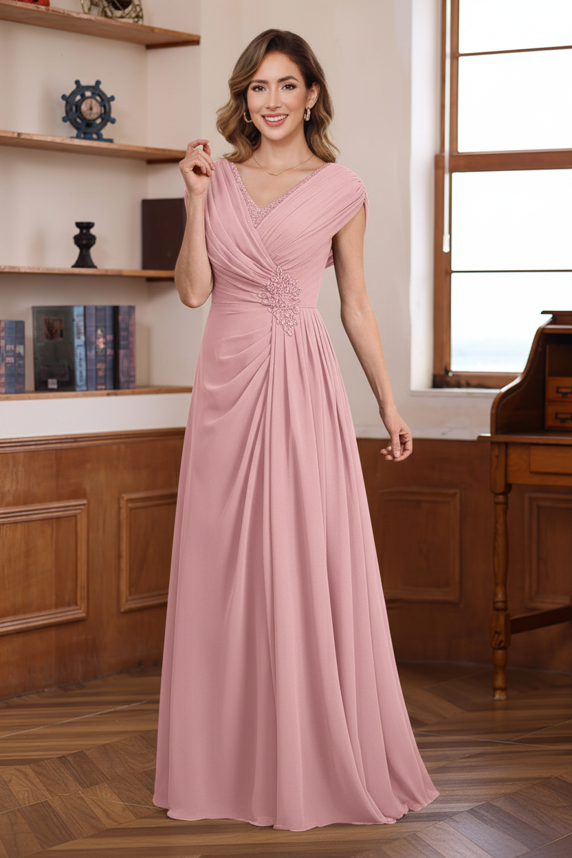 A-Line/Princess V-Neck Ruched Floor-Length Pleated Mother of the Bride & Groom Dresses with Jewel Appliques & Sequins
