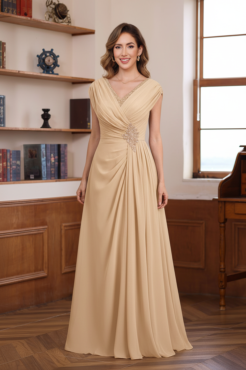 A-Line/Princess V-Neck Ruched Floor-Length Pleated Mother of the Bride & Groom Dresses with Jewel Appliques & Sequins