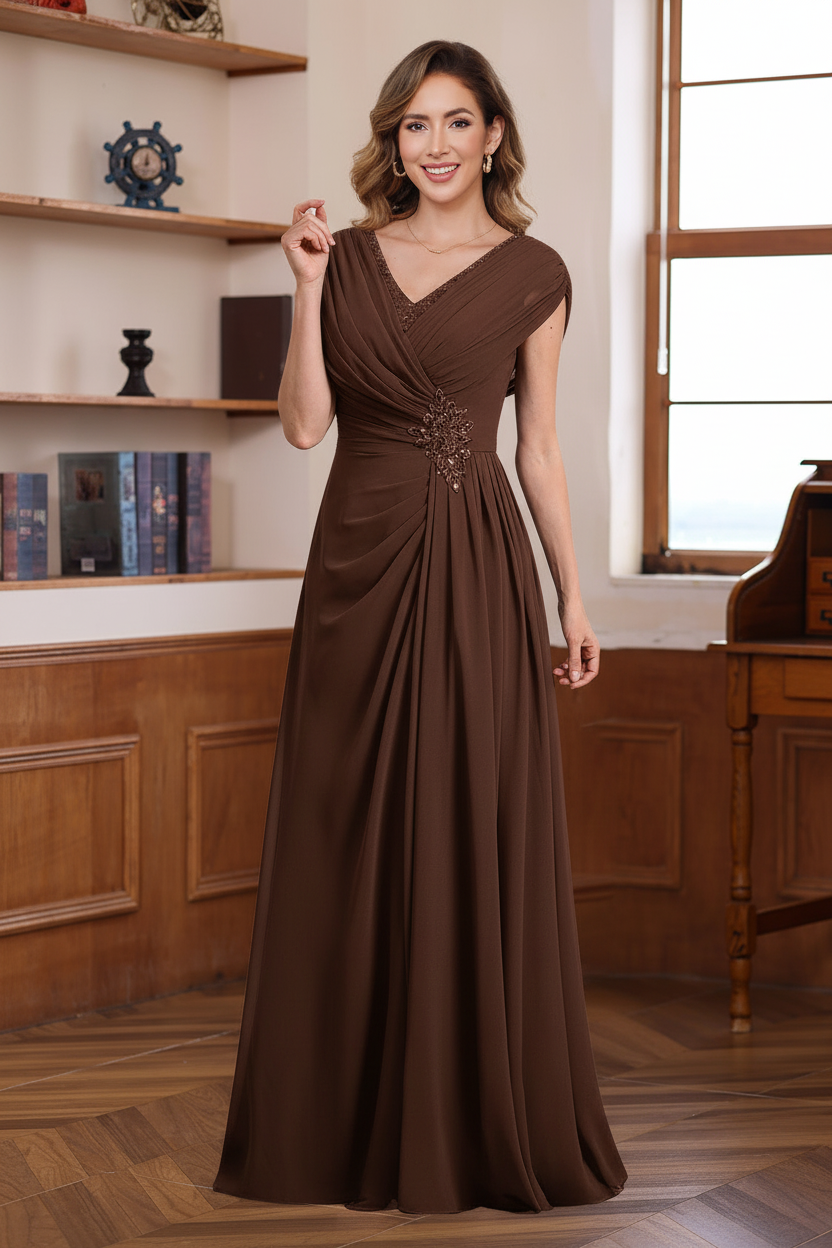 A-Line/Princess V-Neck Ruched Floor-Length Pleated Mother of the Bride & Groom Dresses with Jewel Appliques & Sequins