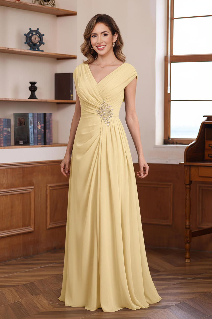 A-Line/Princess V-Neck Ruched Floor-Length Pleated Mother of the Bride & Groom Dresses with Jewel Appliques & Sequins